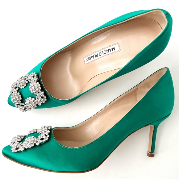 Manolo Blahnik Shoes - MANOLO BLAHNIK | Emerald Green Satin Jewel Buckle Crystal Pumps Heels US 6 EU 36